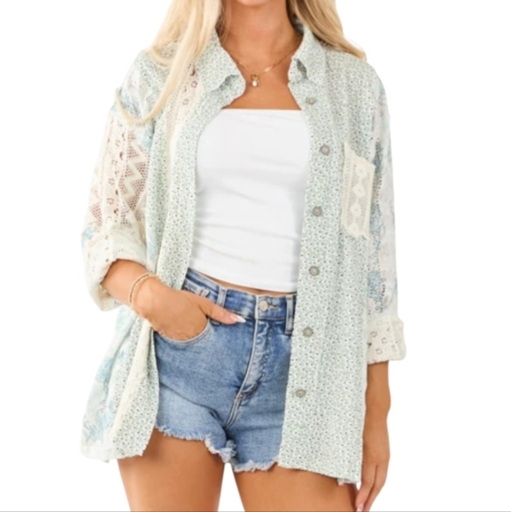 POL Crochet Patchwork Oversized Boho Button-Front Top